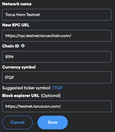 &quot;Torus Testnet Config&quot;