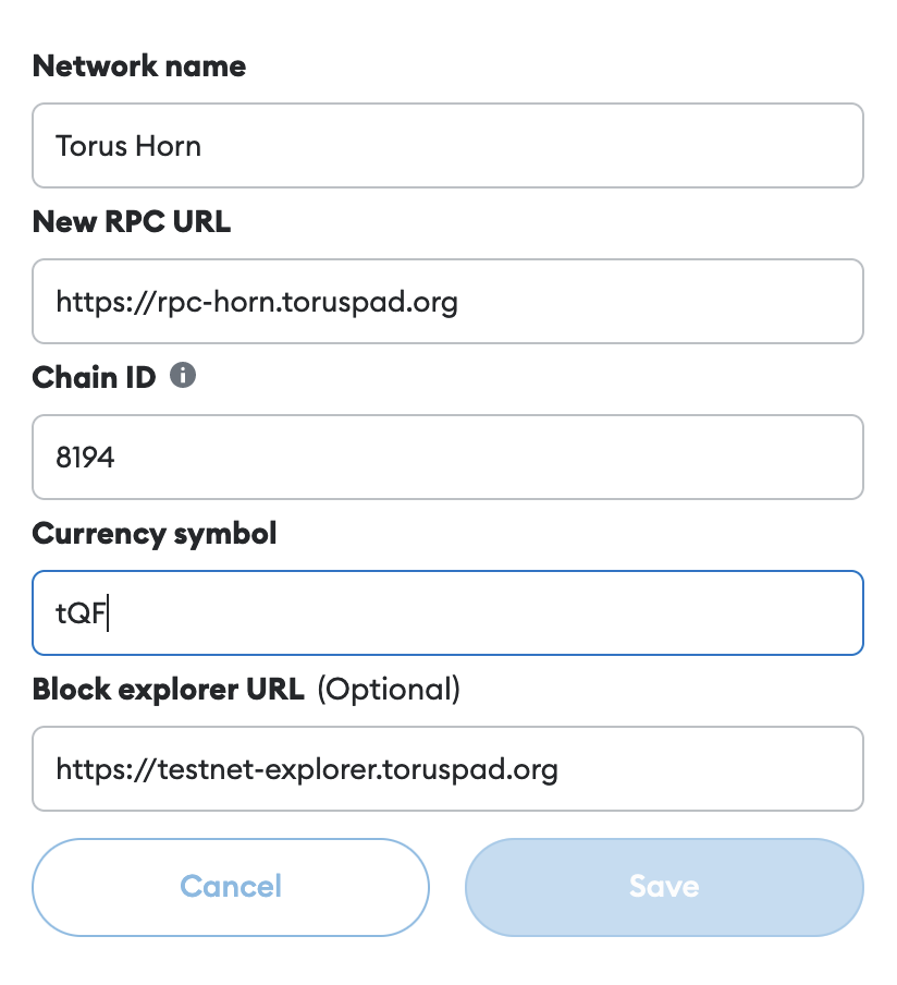 &quot;Torus Testnet Config&quot;